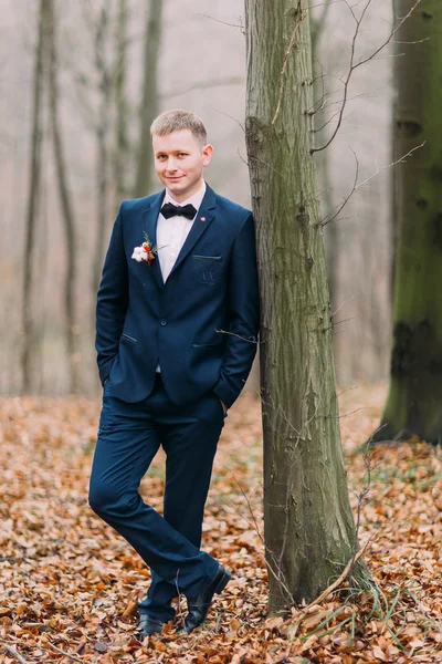Όμορφος groom αυτοπεποίθηση στο κοστούμι στέκεται κοντά σε ένα δέντρο στο φθινόπωρο δάσος — Φωτογραφία Αρχείου