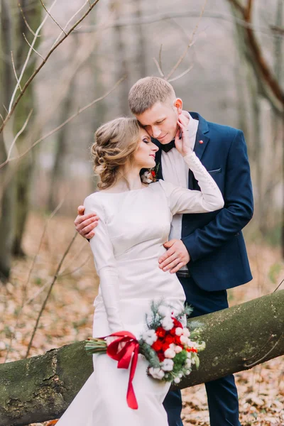 Beautiful young wedding couple sitting on the stump and hugging in autumn forest — Stock Photo, Image