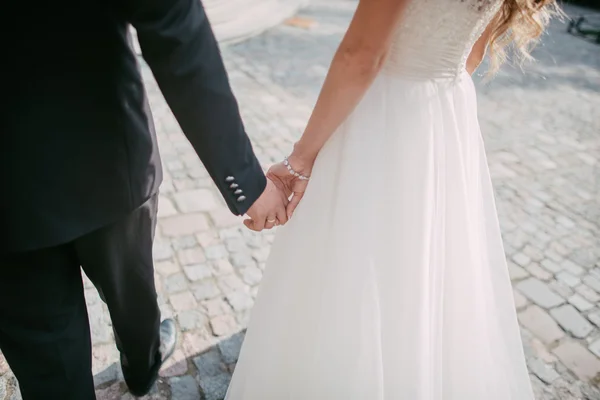 아름다운 젊은 결혼 한 부부는 걷고 손을 잡고 — 스톡 사진