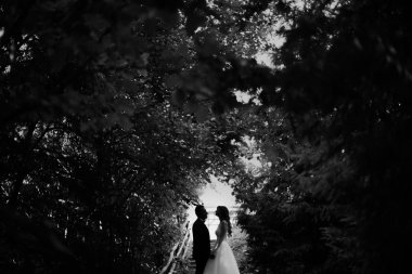 Black and white photo of young married couple standing in the forest holding hands
