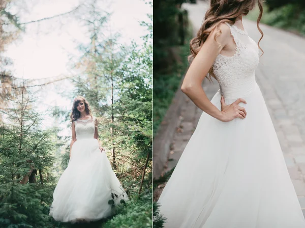 Beautiful young bride in white dress walking through the forest — Stockfoto