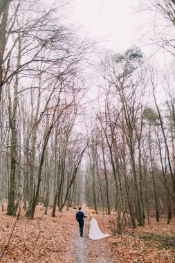 Happy wedding couple walks on the path in autumn forest