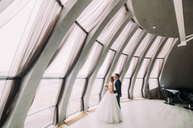 Lüks iç arka plan üzerinde güzel gelin arkasından Muhteşem mutlu şık damat hugs