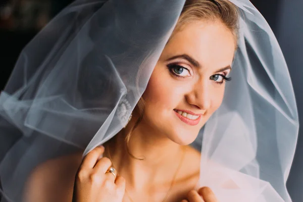 Beautiful smiling blonde bride in make-up and veil close-up — 스톡 사진