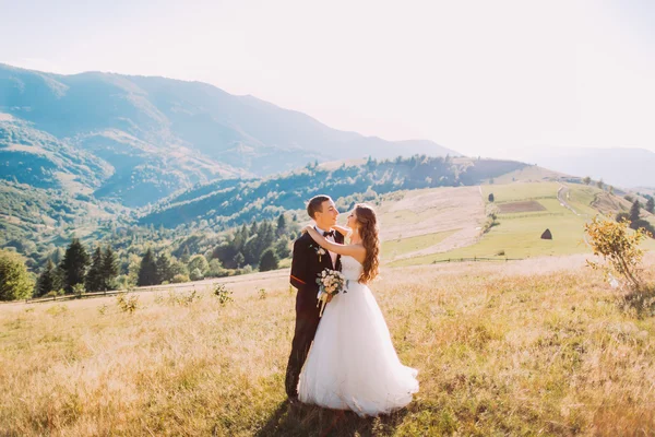 Los novios están solos en el prado. Noche de primavera . — Foto de Stock