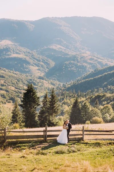 La novia y el novio de pie en el puente de madera en la naturaleza, abrazando cerca de valla con fondo de montaña — Foto de Stock