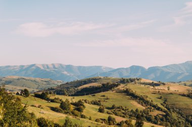 Dağ manzarasında güneşli güzel bir gün. Karpatlar, Ukrayna