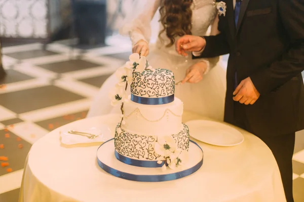 Красивая невеста и красивый жених режут белый свадебный торт, украшенный голубой резинкой — стоковое фото