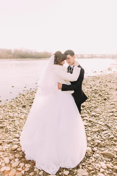 幸せな結婚式のカップル対面のきちんとした川を抱きしめる新郎新婦 — ストック写真