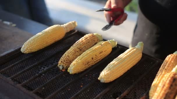 Maíz asado en la parrilla de cerca. Fiesta de verano al aire libre — Vídeos de Stock