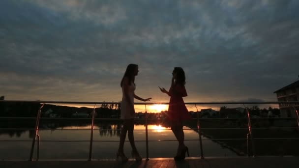 Beste vriendinnen praten over zonsondergang. Silhouetten van hipster jonge vrouwen. Het concept van ware vriendschap. — Stockvideo