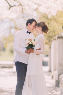 Gelin ve damat gün açık havada bahar doğa üzerinde sarılma düğününde.