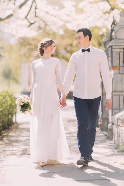 Наречена в старовинній білій сукні і наречений в сорочці, що йде, тримає руки на весняній вулиці — стокове фото