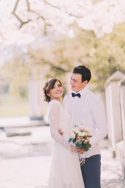 Sinnliches Hochzeitspaar, Bräutigam und Braut, die einander lachend halten — Stockfoto