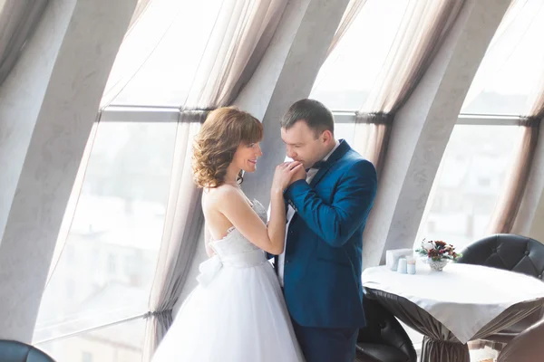 Groom suavemente beijando a mão de sua linda noiva no interior moderno — Fotografia de Stock