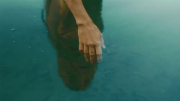 Fragile white woman hand submerged in the calm blue water of mountain lake Synevir and surrounded by many little fishes. The harmony of human and nature — стокове відео