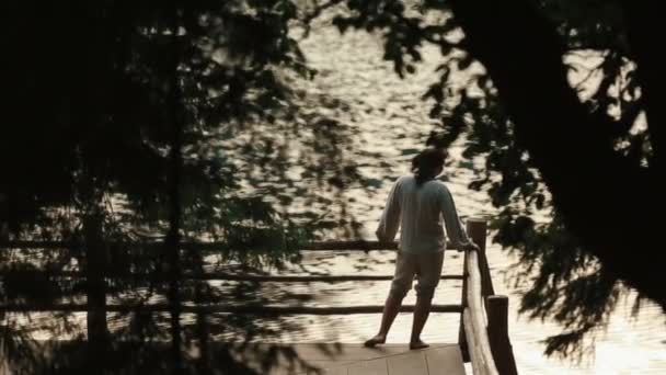 Silueta solitaria del hombre en ropa bordada tradicional ucraniana de pie en un muelle con patrón de puesta de sol y ramas de árbol en primer plano — Vídeo de stock