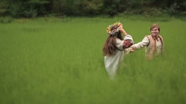 Красива пара в коханні в традиційній українській одязі, що ходить і тримає руки на зеленому полі — стокове відео