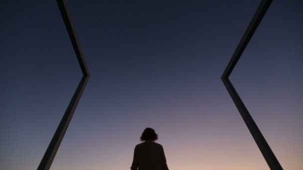 夕暮れ空に手を上げる若い女性のシルエット。背景に近代的なハイテク橋 — ストック動画