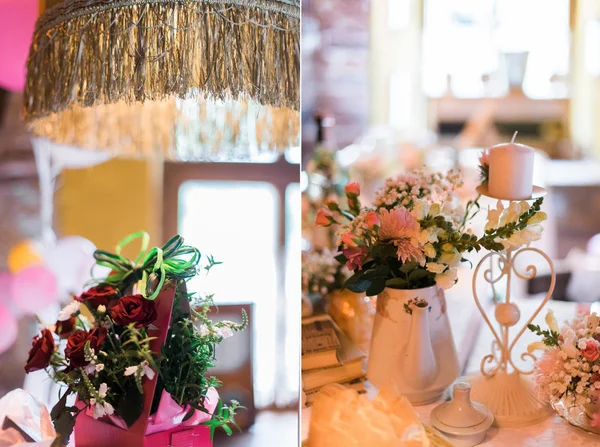 Decorações de casamento colagem com flores no restaurante — Fotografia de Stock