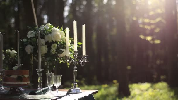 Close up de candelabro vintage branco sobre a mesa de casamento decorado na floresta. Buquê de rosas brancas no fundo. Jantar romântico na floresta — Vídeo de Stock