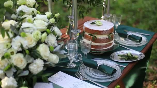 Primer plano de la hermosa mesa de boda de estilo rústico en el bosque — Vídeos de Stock