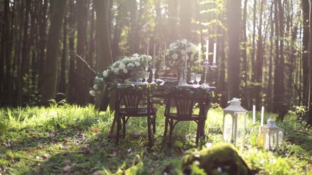 Весільний прикрашений стіл оселився на двох на природі в лісі. Весільна прикраса з білих троянд букети і старовинні свічки з ліхтарями . — стокове відео