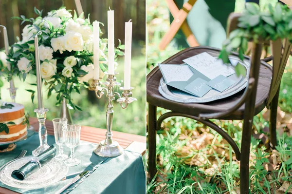 Conjunto de fotos de colagem de casamento de estilo rústico na floresta verde — Fotografia de Stock