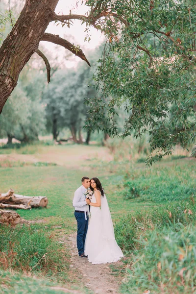 Jóképű vőlegény és menyasszony fehér fátyol állandó tartja kezében a háttérben zöld erdő — Stock Fotó