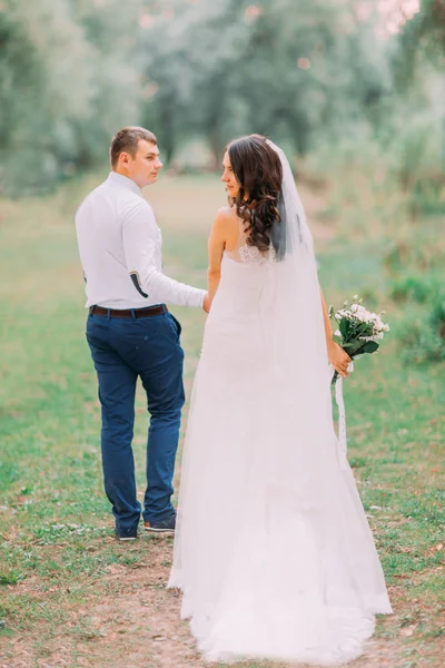 Guapo novio y novia en velo blanco caminando de espaldas tomados de la mano en el bosque verde de fondo — Foto de Stock