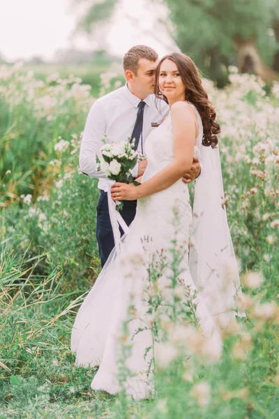 Hermosa novia y novio guapo abrazándose en el prado de verano con flores silvestres — Foto de Stock