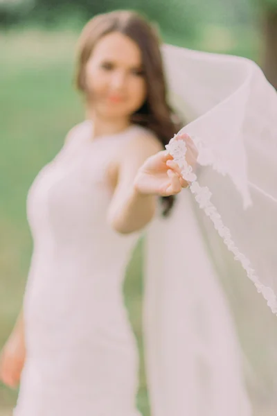 Vackra bruden i vit klänning spelar med slöja, våren grön park på bakgrund — Stockfoto
