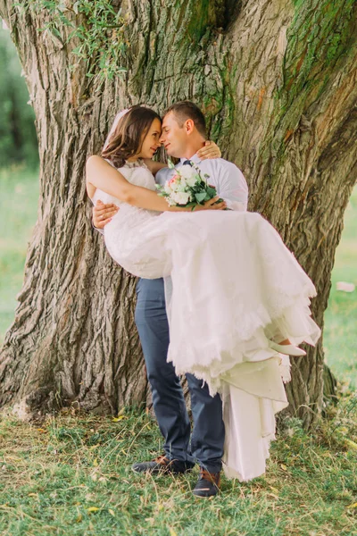 Joven novio sonriente llevando a su hermosa esposa cerca de un gran árbol en el parque verde de primavera — Foto de Stock