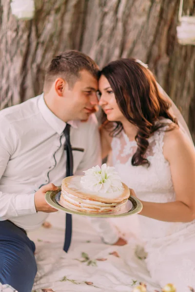 Zbliżenie: para piękny ślub piknik gospodarstwa ciasto na tle drzewa w parku wiosny — Zdjęcie stockowe