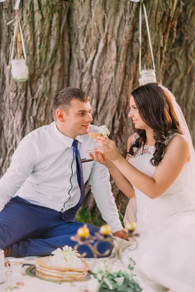 Красива молода наречена годує весільний торт нареченому на відкритому повітрі на пікнік — стокове фото