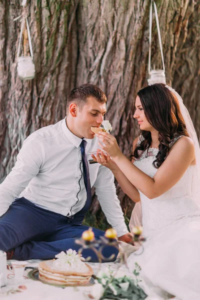 Mooie jonge bruid voederen bruidstaart om buitenshuis bruidegom op de buiten picknick — Stockfoto