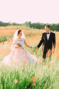 Güzel düğün çift, Gelin, poz ve alanında yürüyen damat