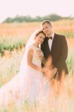 Genç güzel düğün çifti çimen bir alana kucaklayan kulaklı