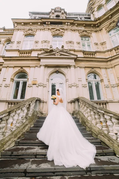 Bela noiva em vestido de noiva com trem longo de pé de volta nas escadas — Fotografia de Stock