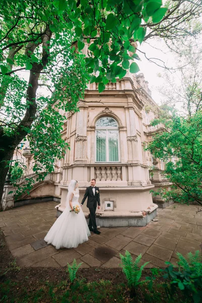 Hermosa novia feliz con estilo elegante novio en el jardín en el fondo de las hojas y el edificio —  Fotos de Stock