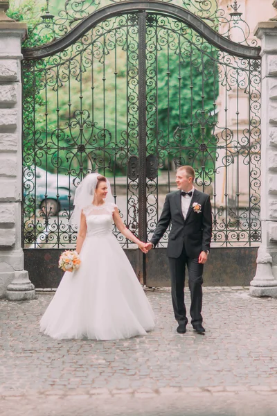 Mutlu yeni evli çift tutuşup lüks kale kapısı yakınında yürüyüş — Stok fotoğraf