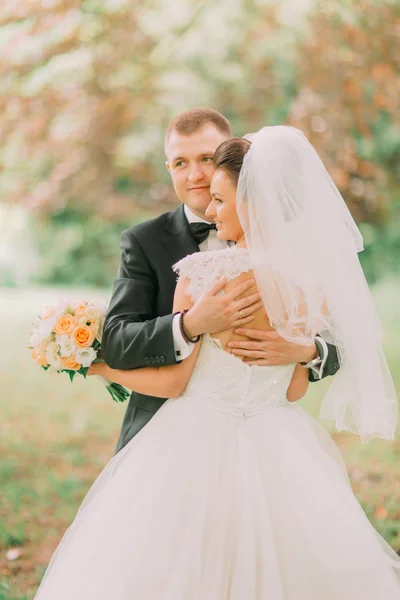 Boda feliz pareja, novia y novio abrazando en el bosque de otoño, parque — Foto de Stock