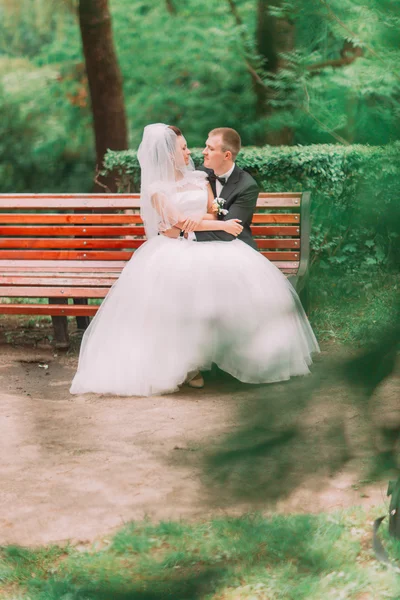 Щаслива усміхнена наречена і наречена сидять на лавці в парку, тримаючи руки один одного — стокове фото