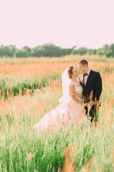 Nádherná mladá krásná Svatební pár objímání, pohledu na sebe v poli s trávou — Stock fotografie