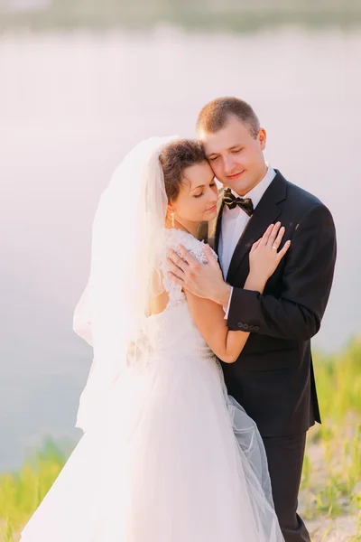 Ρομαντικό νύφη και ο γαμπρός που αγκαλιάζουν τη φύση, στη λίμνη φόντο — Φωτογραφία Αρχείου