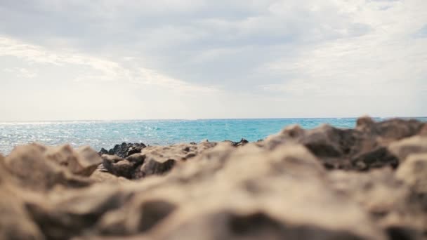 Rocky Seascape em Chipre. Praia ensolarada apedrejada no verão. Paraíso — Vídeo de Stock