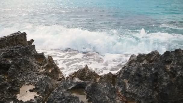 海は、キプロスでサーフィンします。石の岩のビーチ。夏の日 — ストック動画