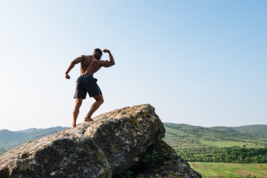 Kayanın üzerinde çıplak gövdeile çekici genç atletik adam. Yeşil doğa arka planı