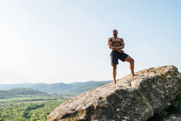 Schöner schwarzafrikanisch-amerikanischer Athlet auf einem Felsen in den Bergen. Schönheit und Perfektion des menschlichen Körpers — Stockfoto