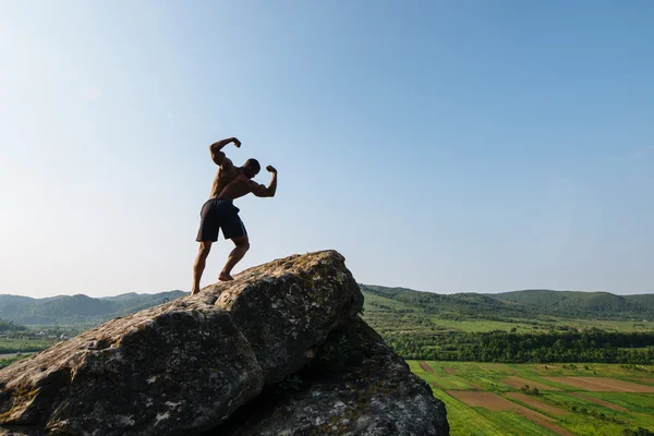 Retrato del culturista afroamericano con el torso desnudo posando sobre la roca. Fondo de naturaleza verde —  Fotos de Stock